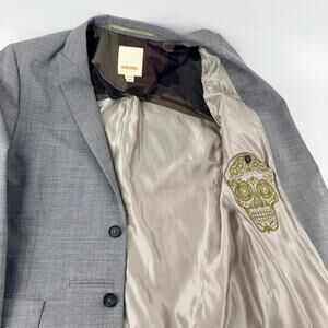 Diesel Wool Blend Blazer Men's M Grey Sport Coat Skull Embroidered Lining Rocker